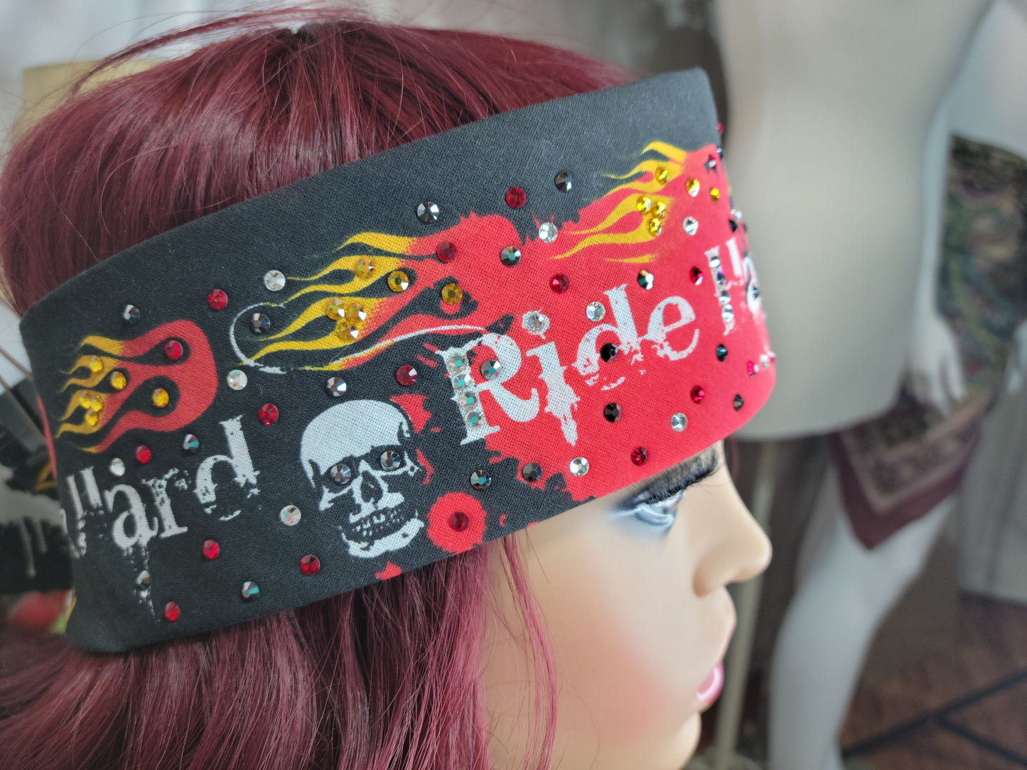 Ride Hard Bandana with Red, Black, Yellow and Diamond Clear Austrian Crystals (Sku1601)