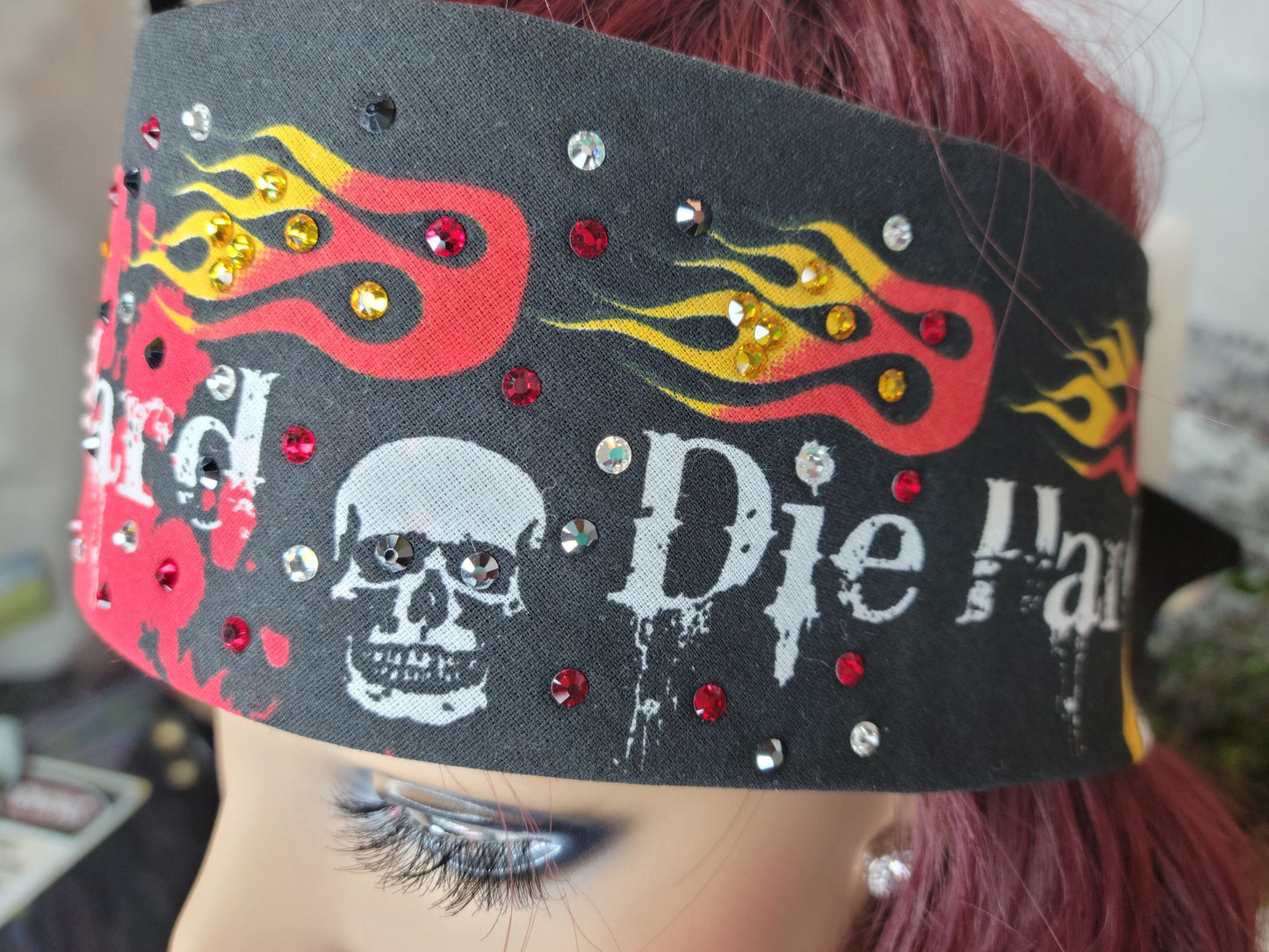 Ride Hard Bandana with Red, Black, Yellow and Diamond Clear Austrian Crystals (Sku1601)