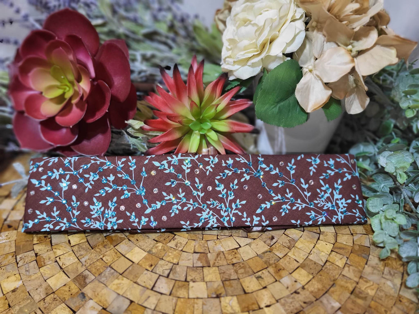 Narrow Blue Leaves on Brown Bandana with Light Blue and Diamond Clear Austrian Crystals (Sku1611)
