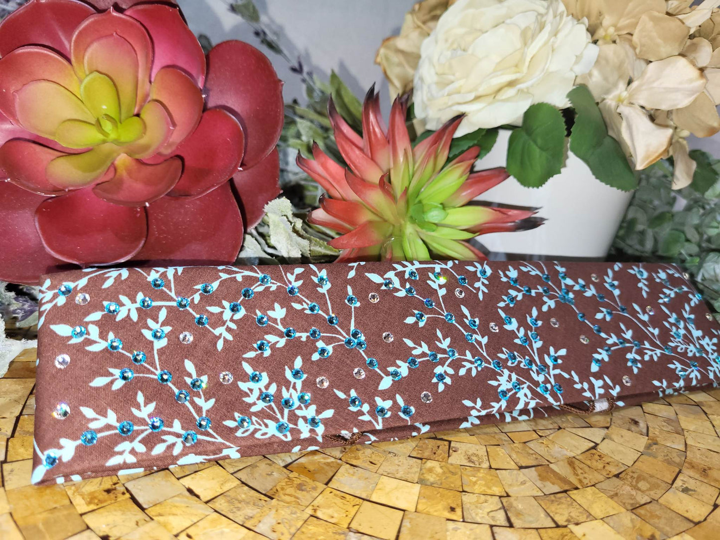 Narrow Blue Leaves on Brown Bandana with Light Blue and Diamond Clear Austrian Crystals (Sku1611)