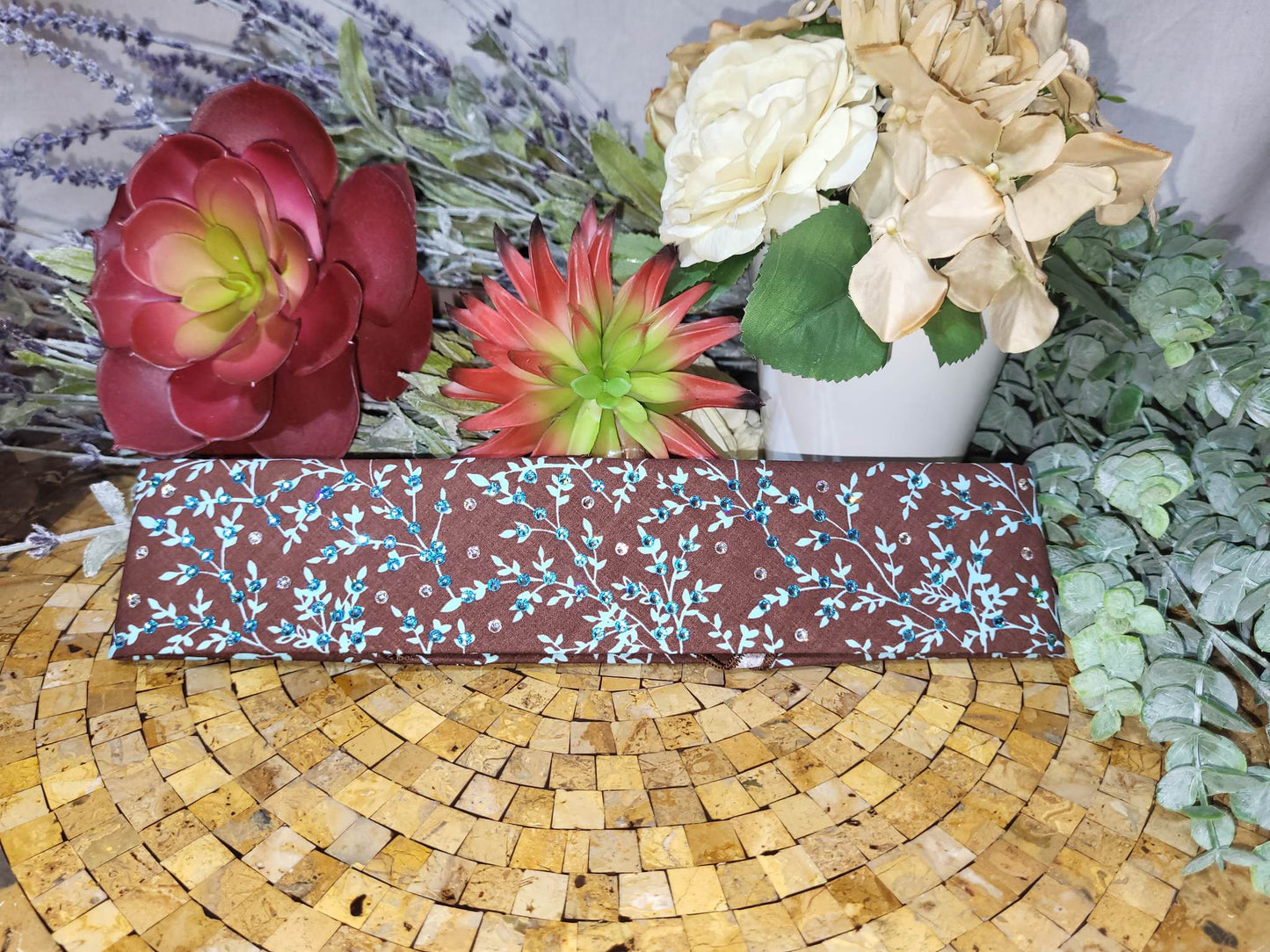 Narrow Blue Leaves on Brown Bandana with Light Blue and Diamond Clear Austrian Crystals (Sku1611)
