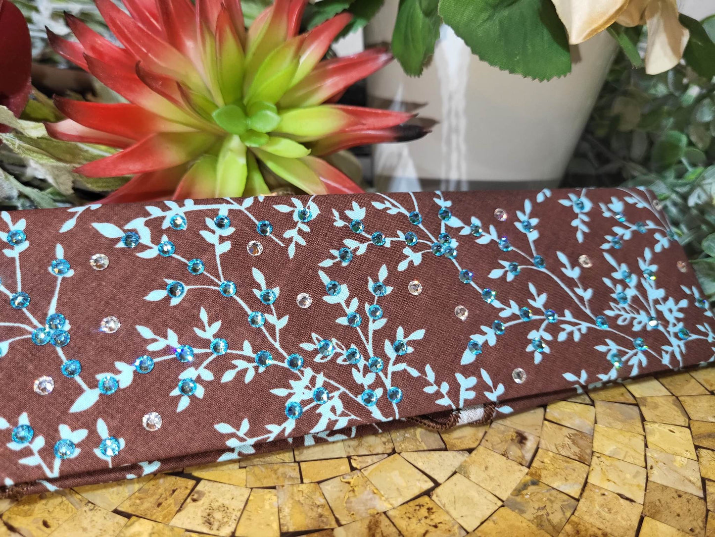 Narrow Blue Leaves on Brown Bandana with Light Blue and Diamond Clear Austrian Crystals (Sku1611)
