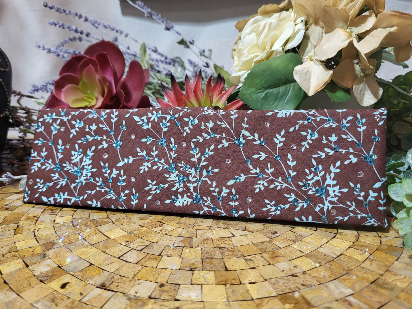 Light Blue Leaves on Brown Bandana with Light Blue and Diamond Clear Austrian Crystals (Sku1610)