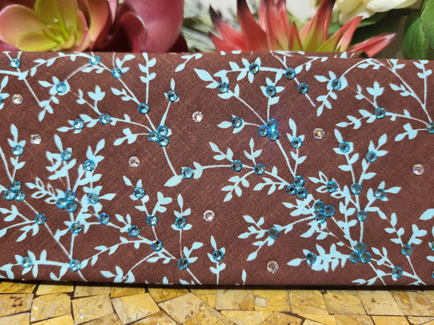 Light Blue Leaves on Brown Bandana with Light Blue and Diamond Clear Austrian Crystals (Sku1610)