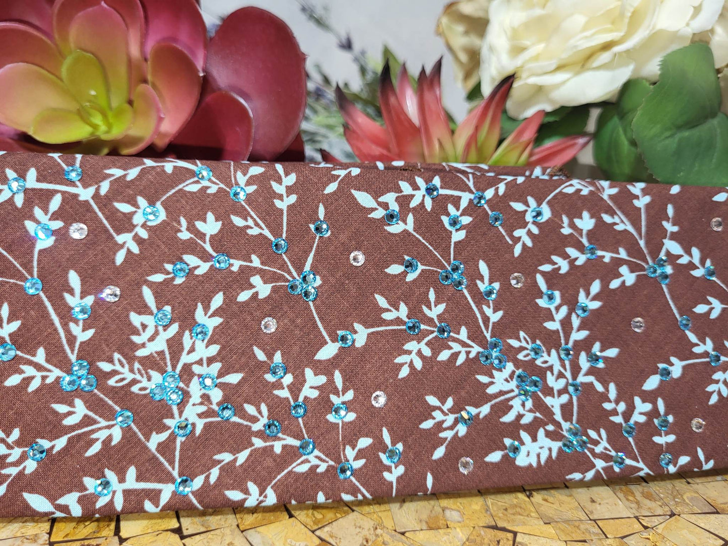 Light Blue Leaves on Brown Bandana with Light Blue and Diamond Clear Austrian Crystals (Sku1610)