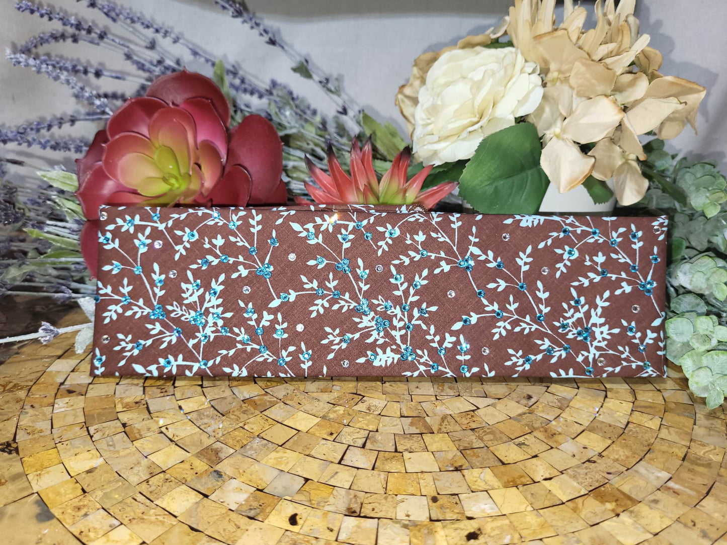 Light Blue Leaves on Brown Bandana with Light Blue and Diamond Clear Austrian Crystals (Sku1610)
