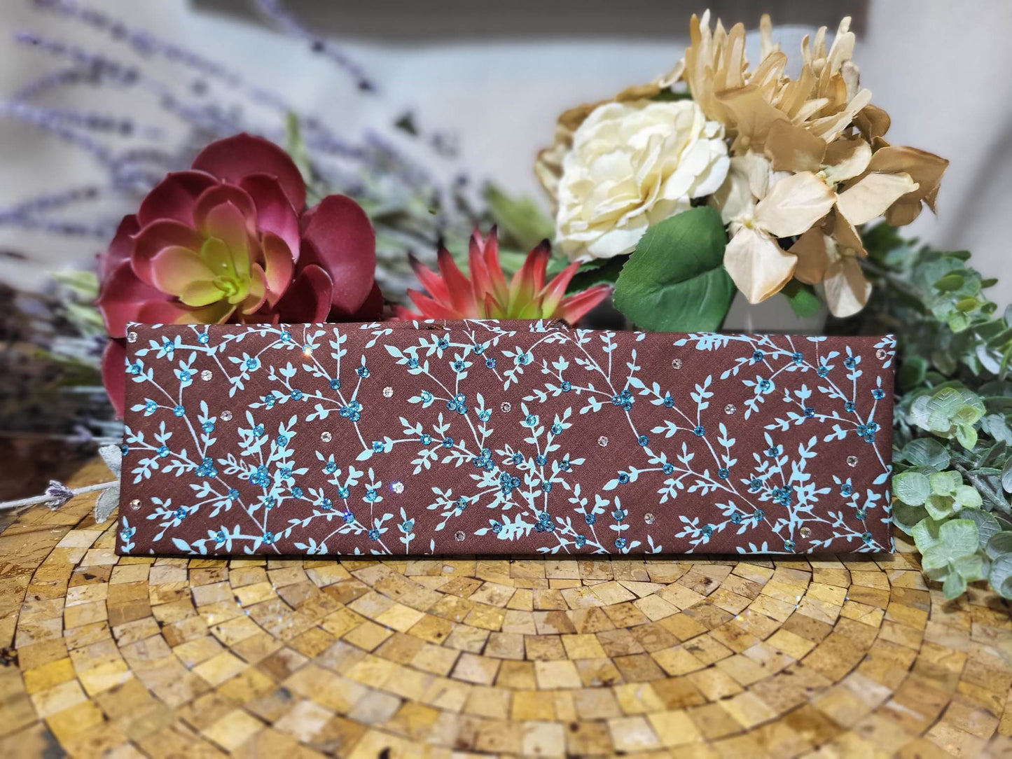 Light Blue Leaves on Brown Bandana with Light Blue and Diamond Clear Austrian Crystals (Sku1610)