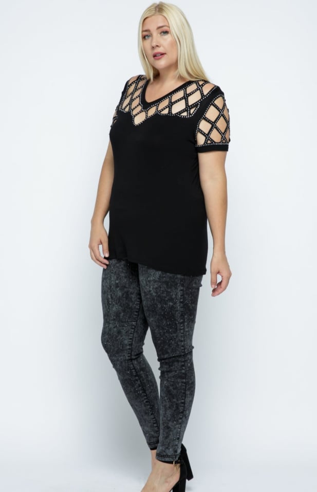 Black Laser Cut Short Sleeve with Rhinestones