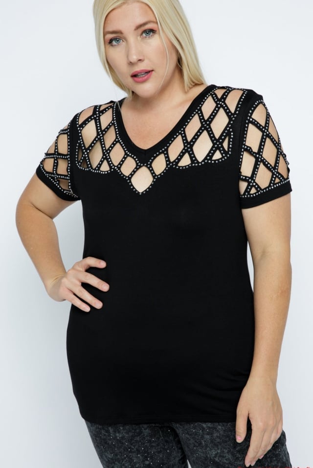 Black Laser Cut Short Sleeve with Rhinestones