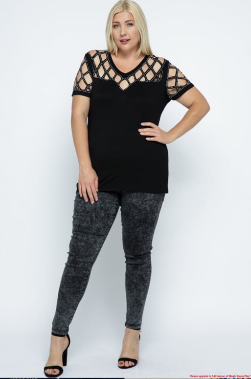 Black Laser Cut Short Sleeve with Rhinestones