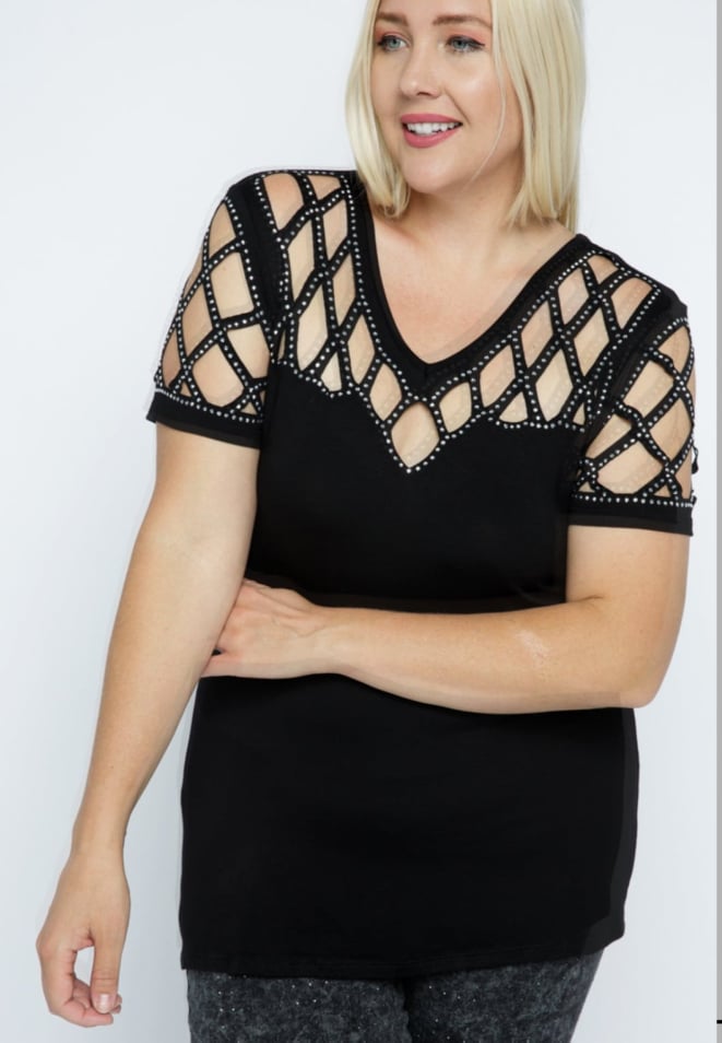 Black Laser Cut Short Sleeve with Rhinestones