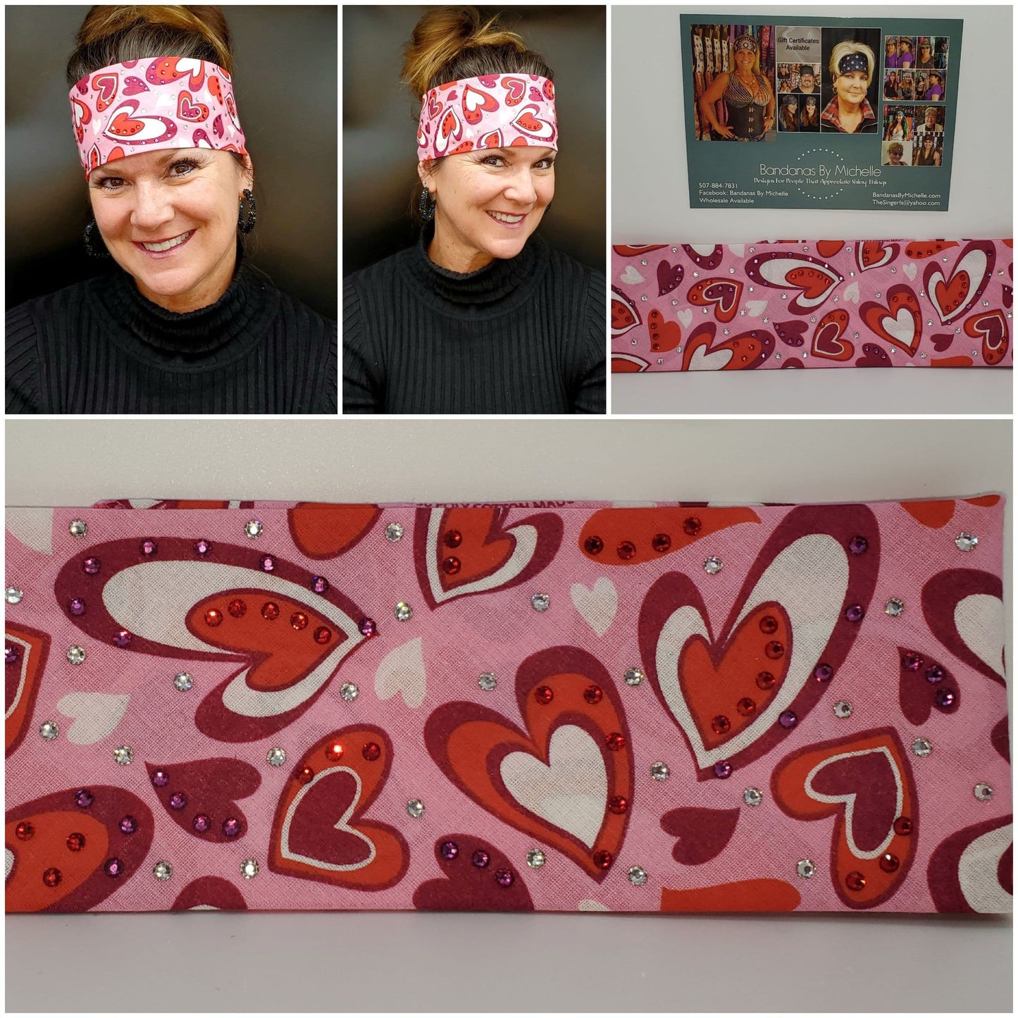 Hearts with Red, Fuchsia Bandana and Diamond Clear Austrian Crystals (Sku1881)