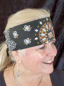 Black Paisley Bandana with Orange and Diamond Clear Austrian Crystals (Sku1907)