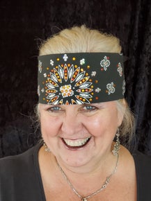 Black Paisley Bandana with Orange and Diamond Clear Austrian Crystals (Sku1907)