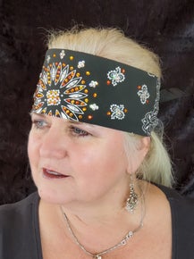 Black Paisley Bandana with Orange and Diamond Clear Austrian Crystals (Sku1907)