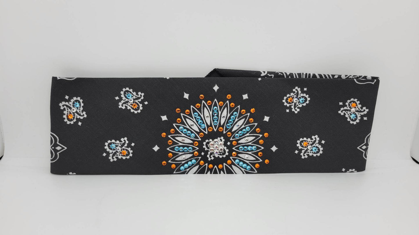 Black Paisley with Aqua, Orange and Diamond Clear Austrian Crystals (Sku1949)