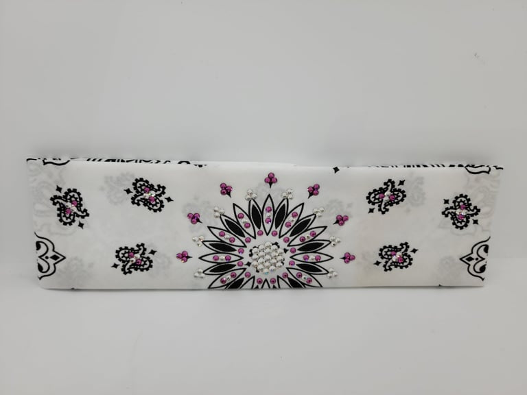 White Paisley Bandana with Fuchsia and Diamond Clear Austrian Crystals (Sku2021)