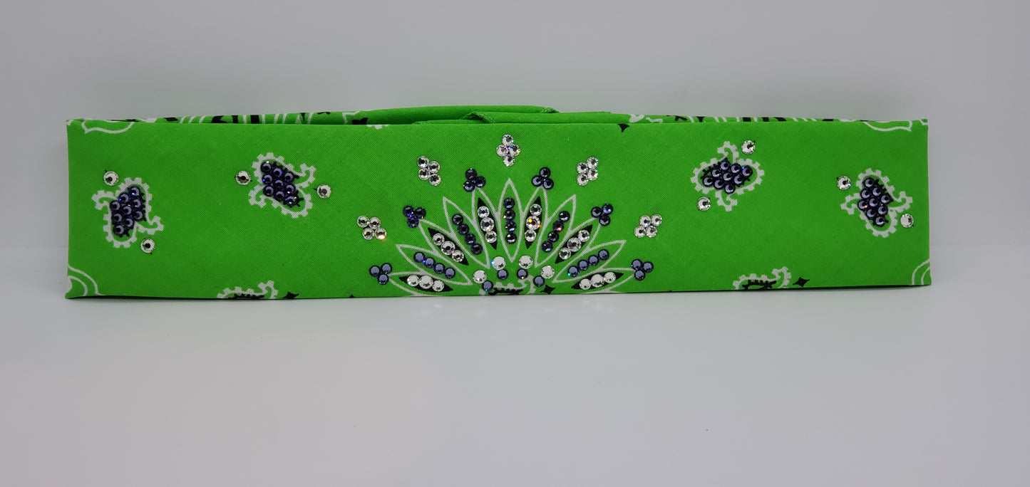 Narrow Lime Green Paisley Bandana with Diamond Clear and Light Purple Austrian Crystals (Sku2511)
