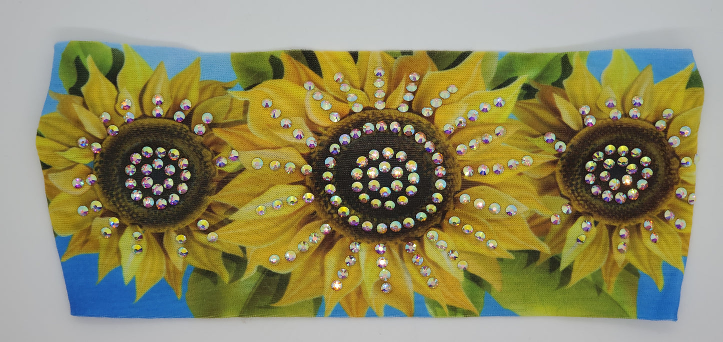 Stretchy Headband Sunflower Design with Aurora Borealis Crystals (Sku5134)