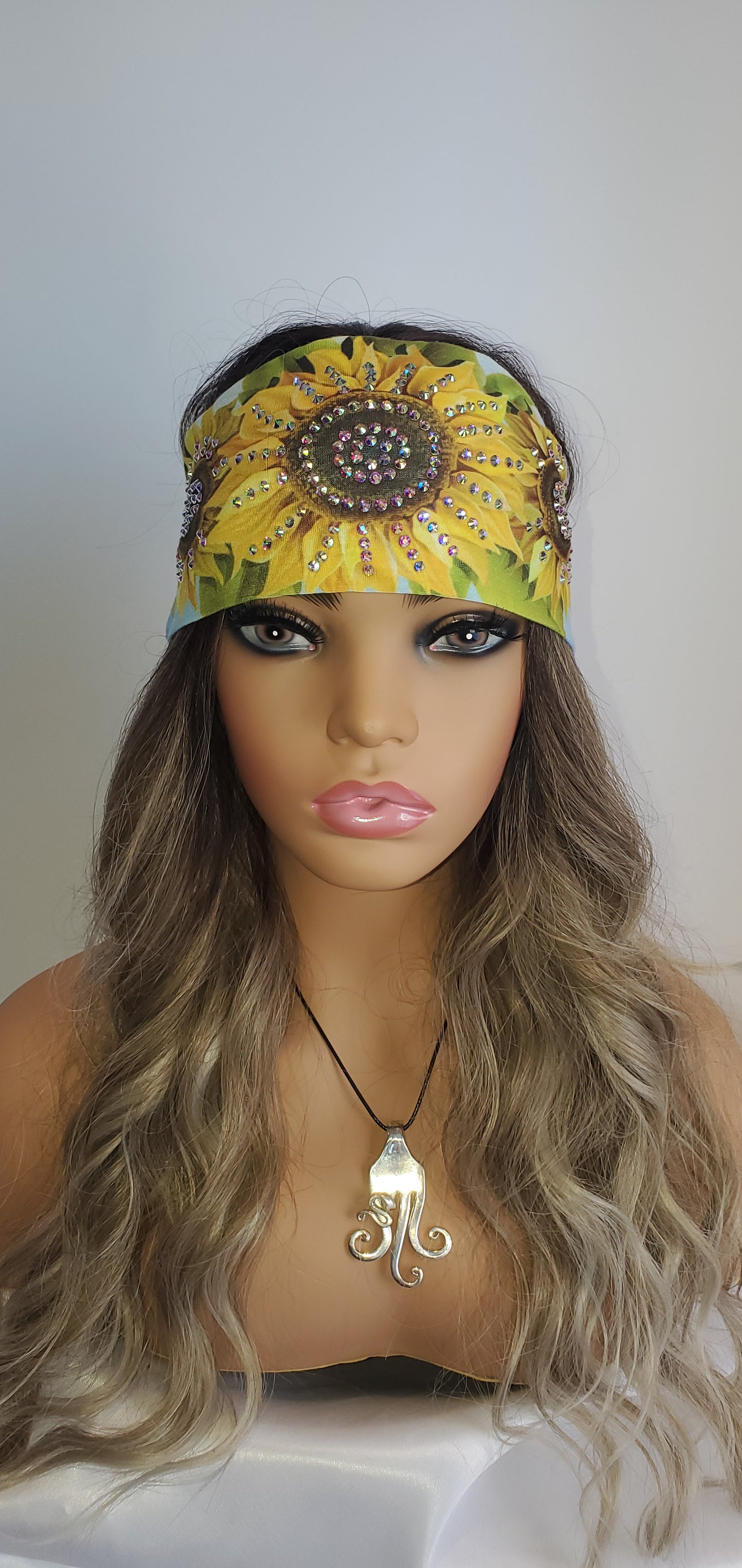 Stretchy Headband Sunflower Design with Aurora Borealis Crystals (Sku5134)