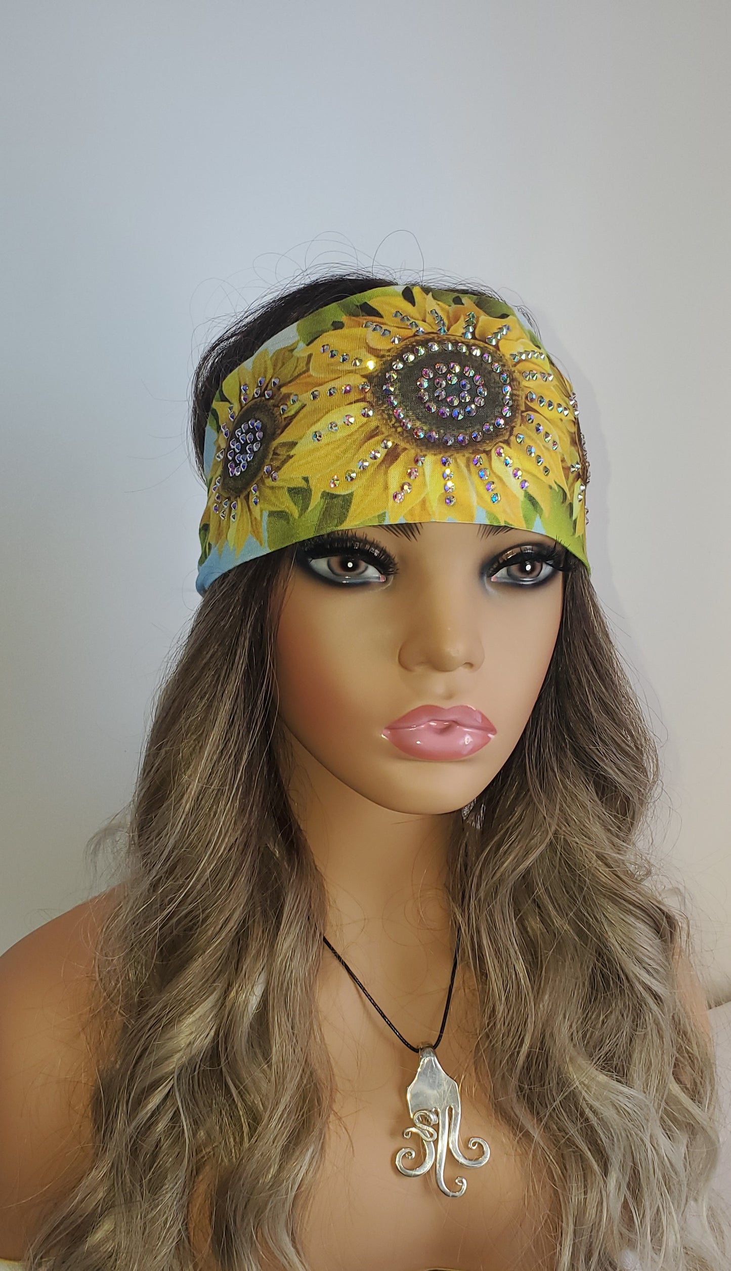Stretchy Headband Sunflower Design with Aurora Borealis Crystals (Sku5134)