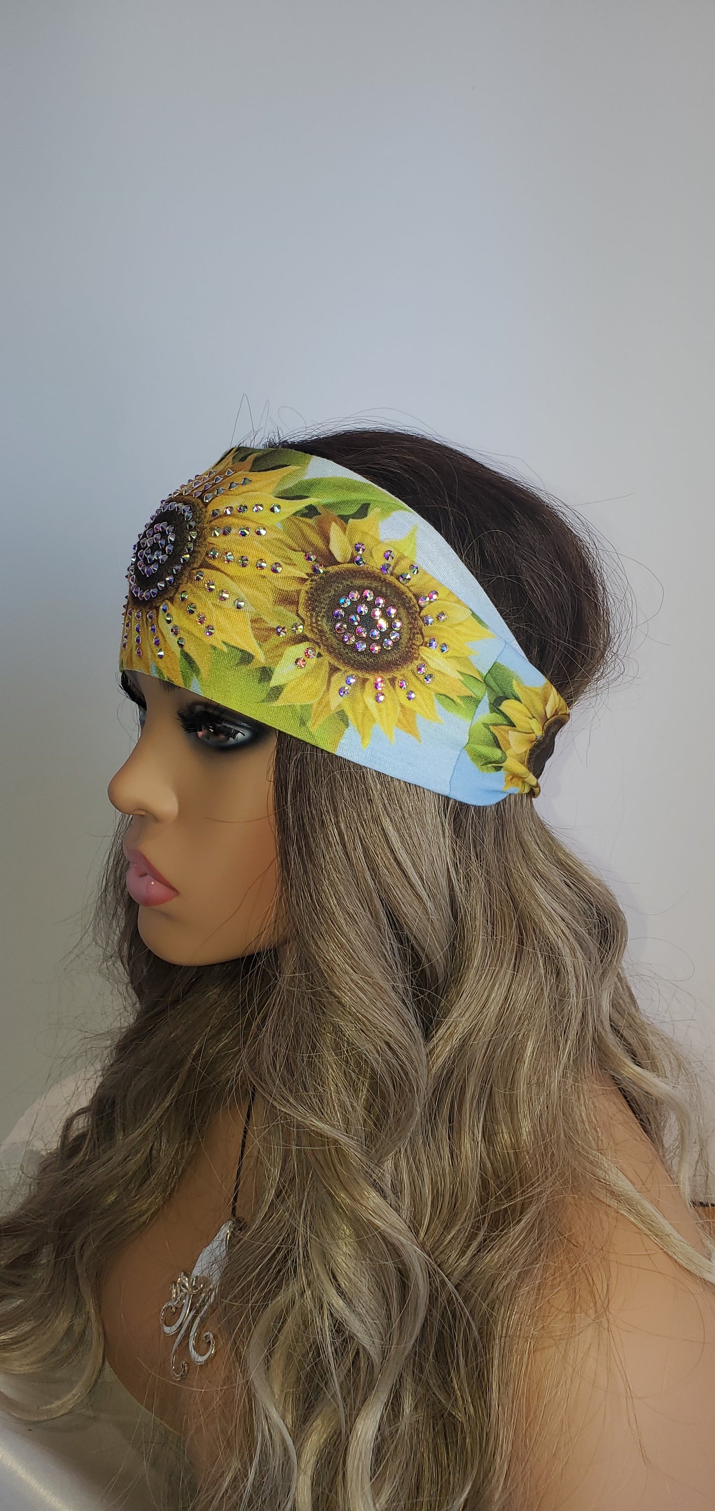 Stretchy Headband Sunflower Design with Aurora Borealis Crystals (Sku5134)