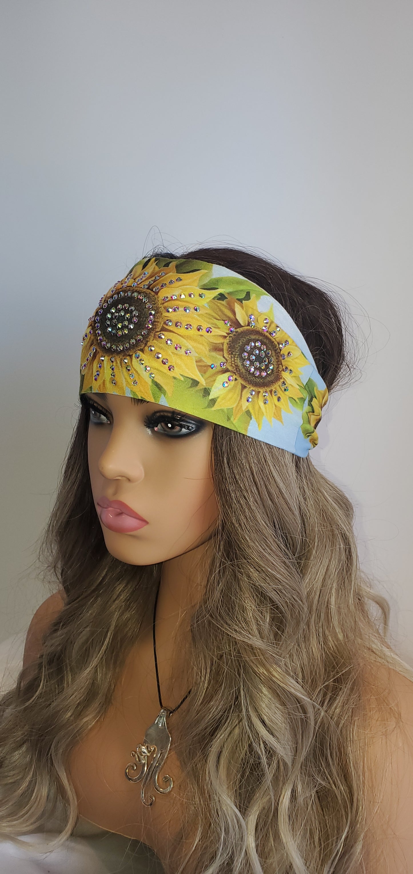 Stretchy Headband Sunflower Design with Aurora Borealis Crystals (Sku5134)
