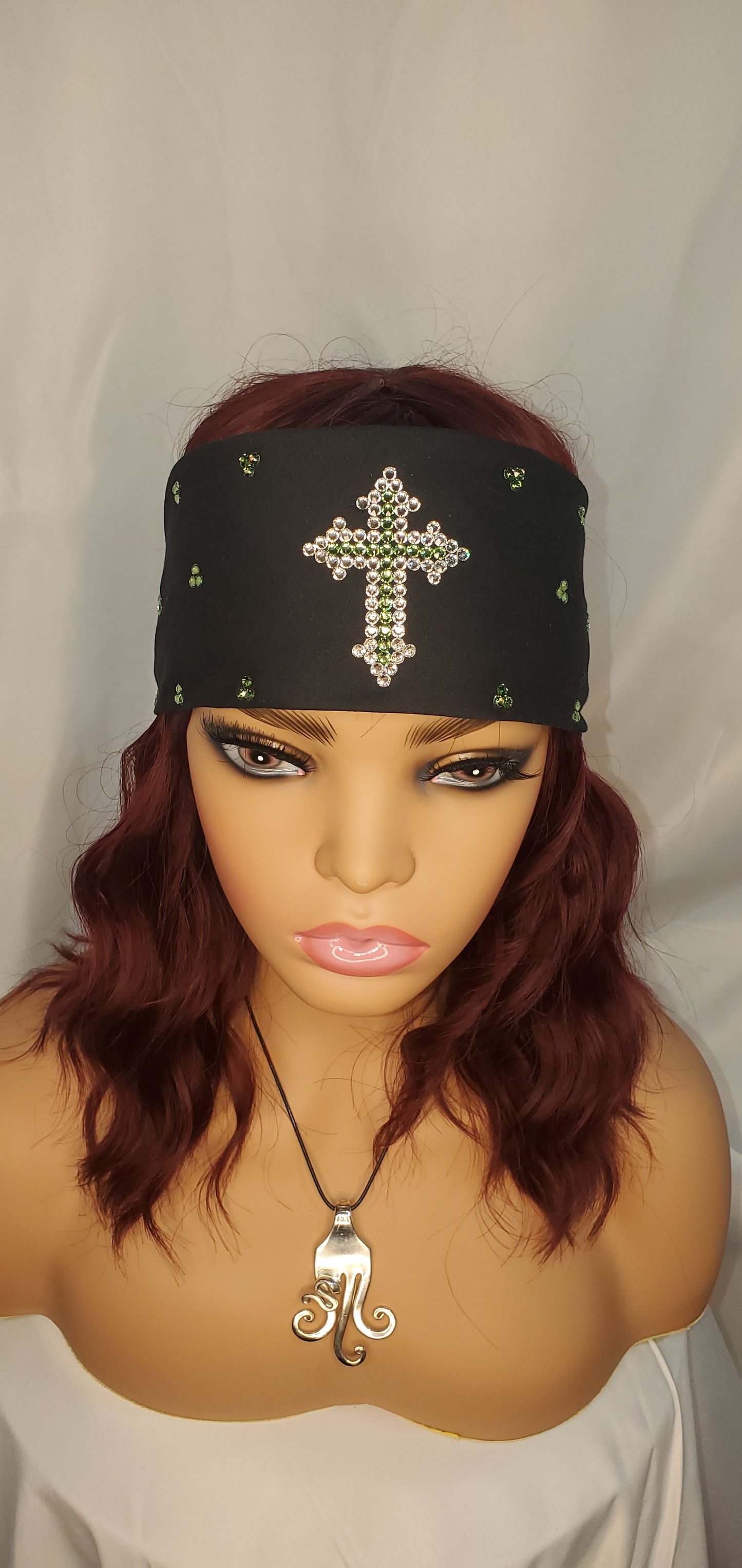Cross Black Bandana with Light Green and Diamond Clear Austrian Crystals (Sku6042)