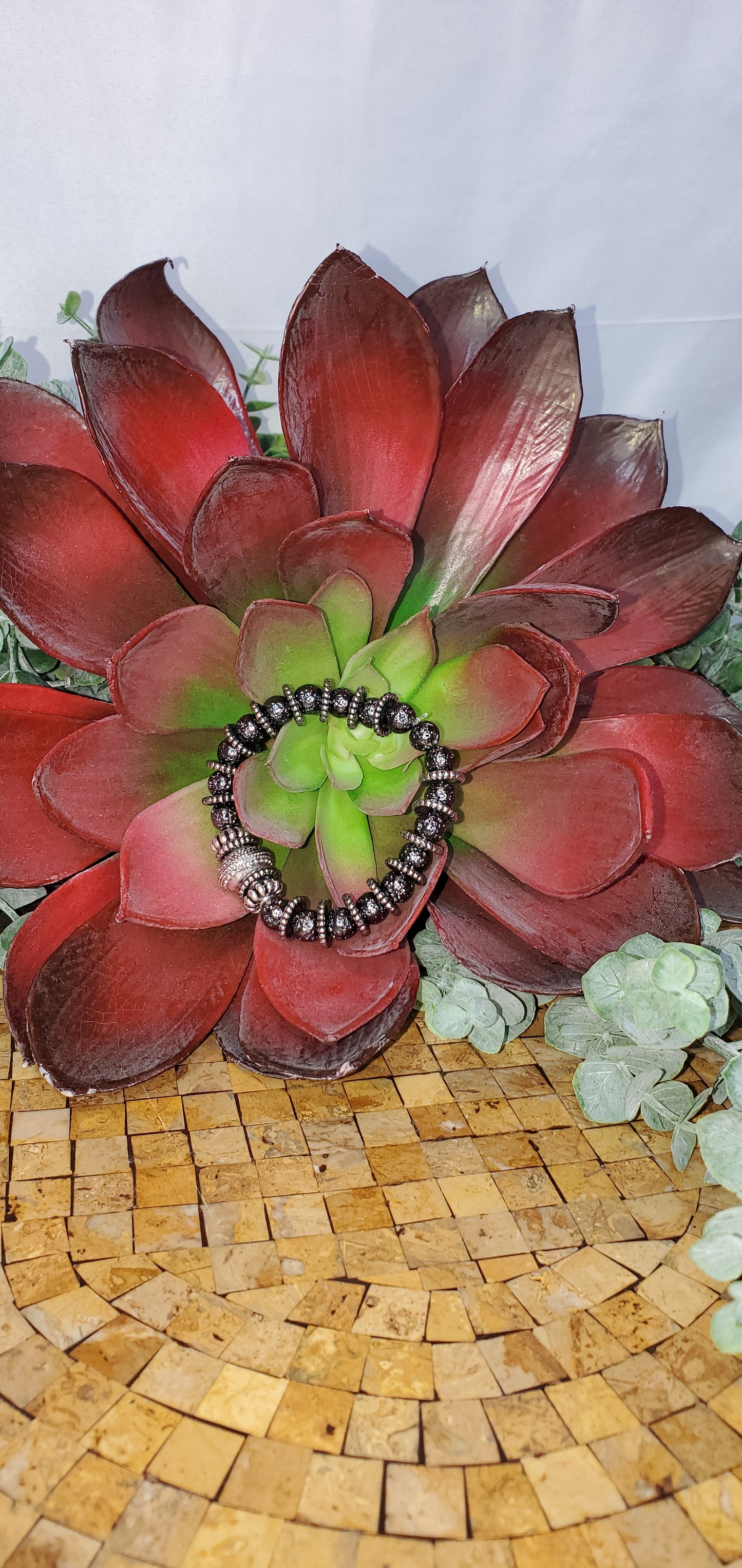 Black Hematite and Silver Colored Beaded Bracelet (Sku8362)