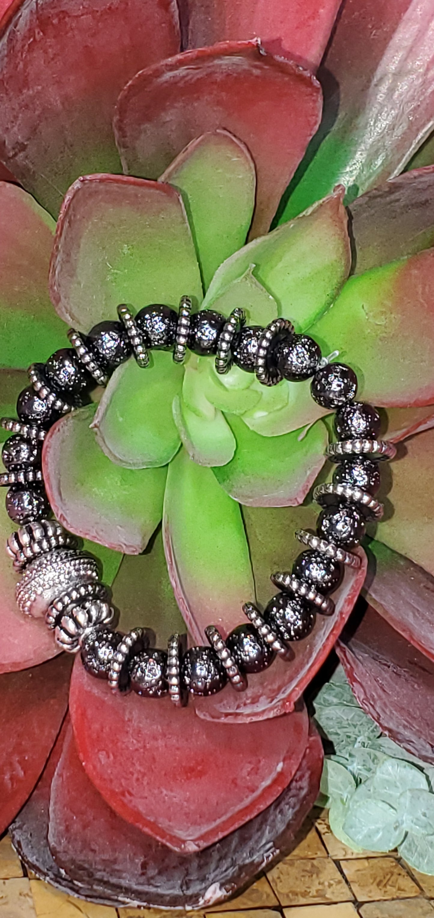 Black Hematite and Silver Colored Beaded Bracelet (Sku8362)