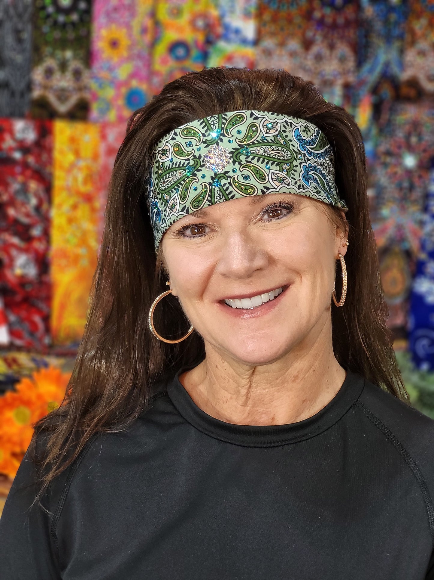 Narrow Mint Green Indian Bandana with Turquoise, Light Green and Diamond Clear Austrian Crystals (Sku1075)