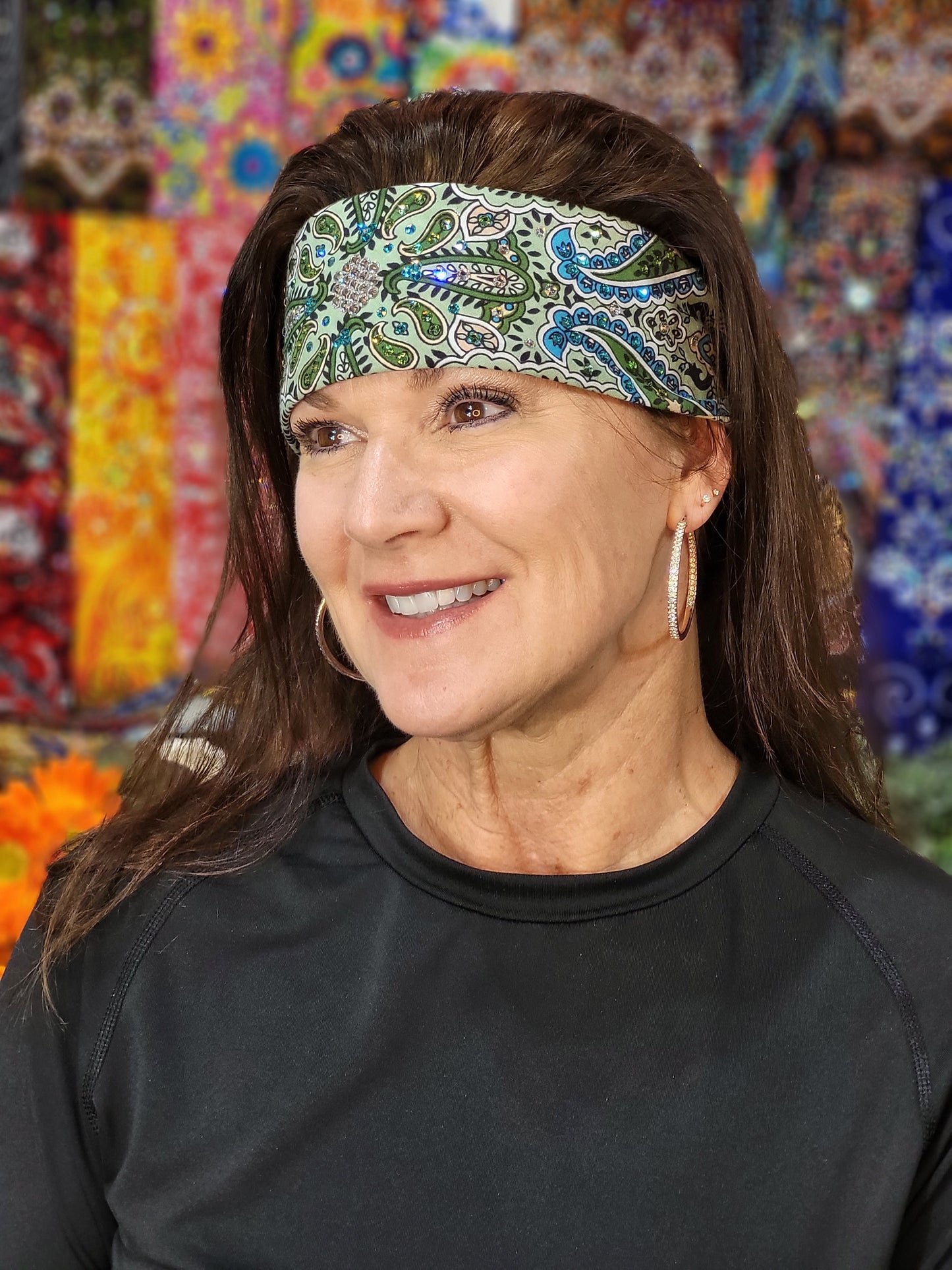 Narrow Mint Green Indian Bandana with Turquoise, Light Green and Diamond Clear Austrian Crystals (Sku1075)