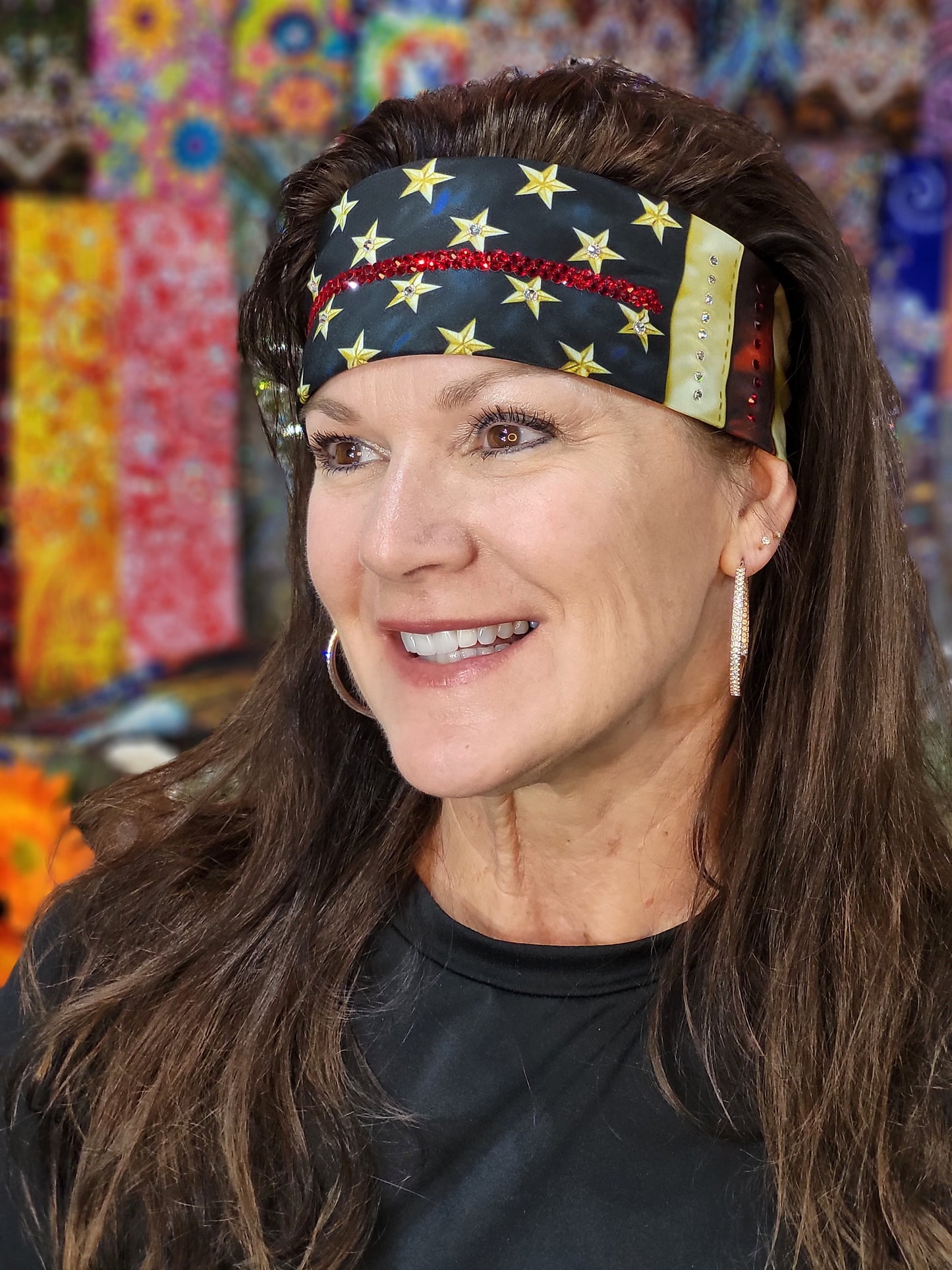 Thin RED Line Vintage Flag Bandana with Red and Diamond Clear Austrian Crystals (Sku1152)