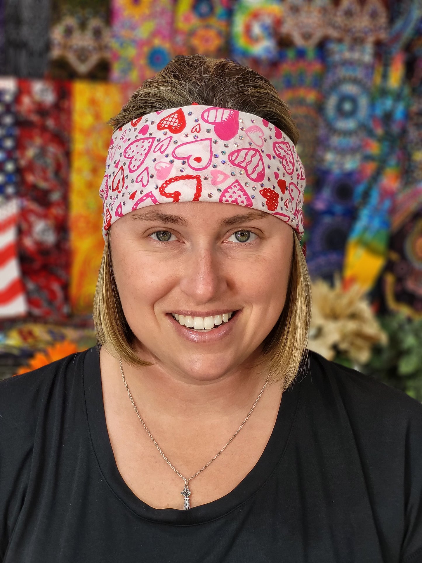 Hearts on White Bandana with Aurora Borealis Austrian Crystals (Sku1154)