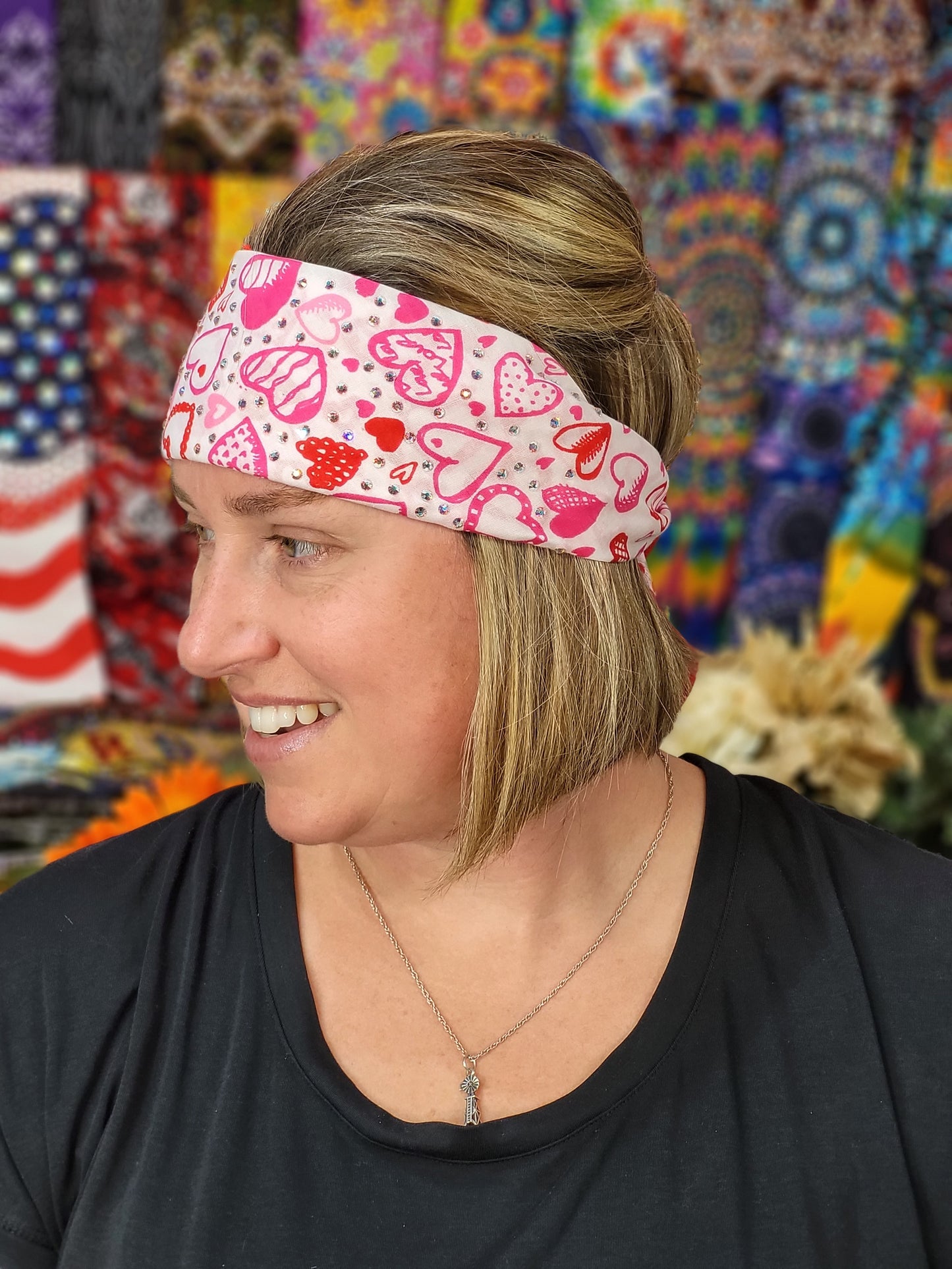 Hearts on White Bandana with Aurora Borealis Austrian Crystals (Sku1154)
