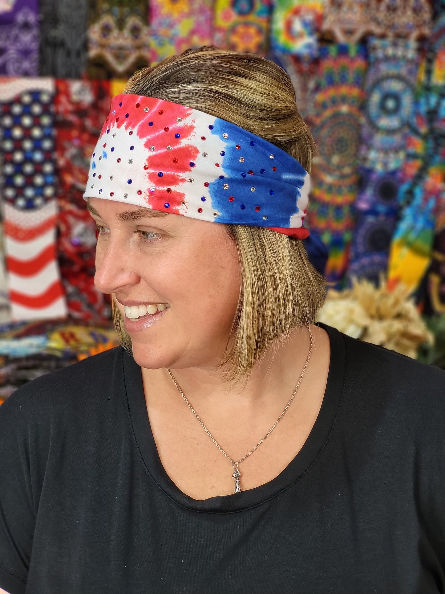 Red, White and Blue Tie-Dye with Red, Blue and Diamond Clear Austrian Crystals (Sku1160