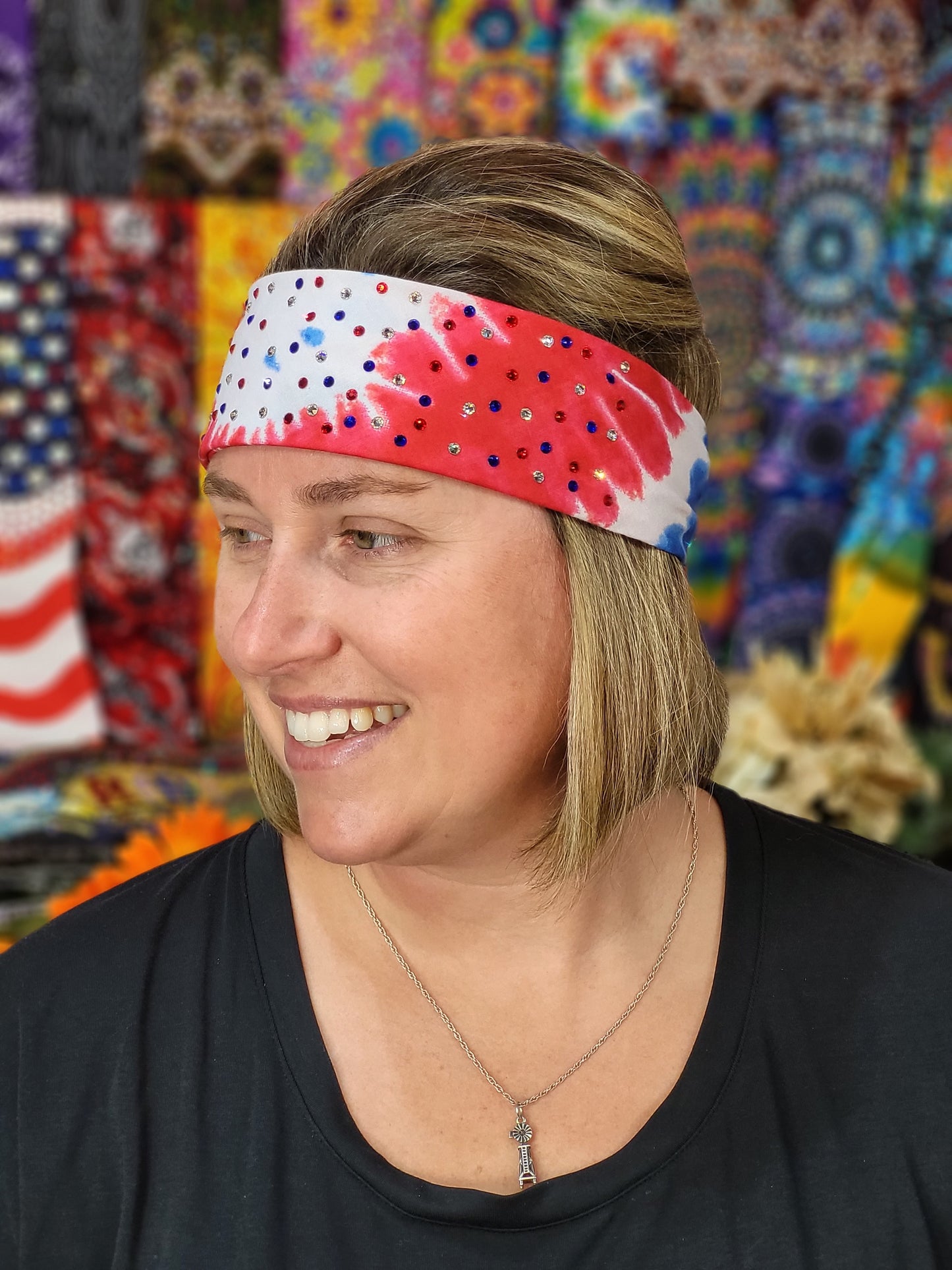 Narrow Red, White and Blue Tie-Dye Bandana with Red, Blue and Diamond Clear Austrian Crystals (Sku1161)
