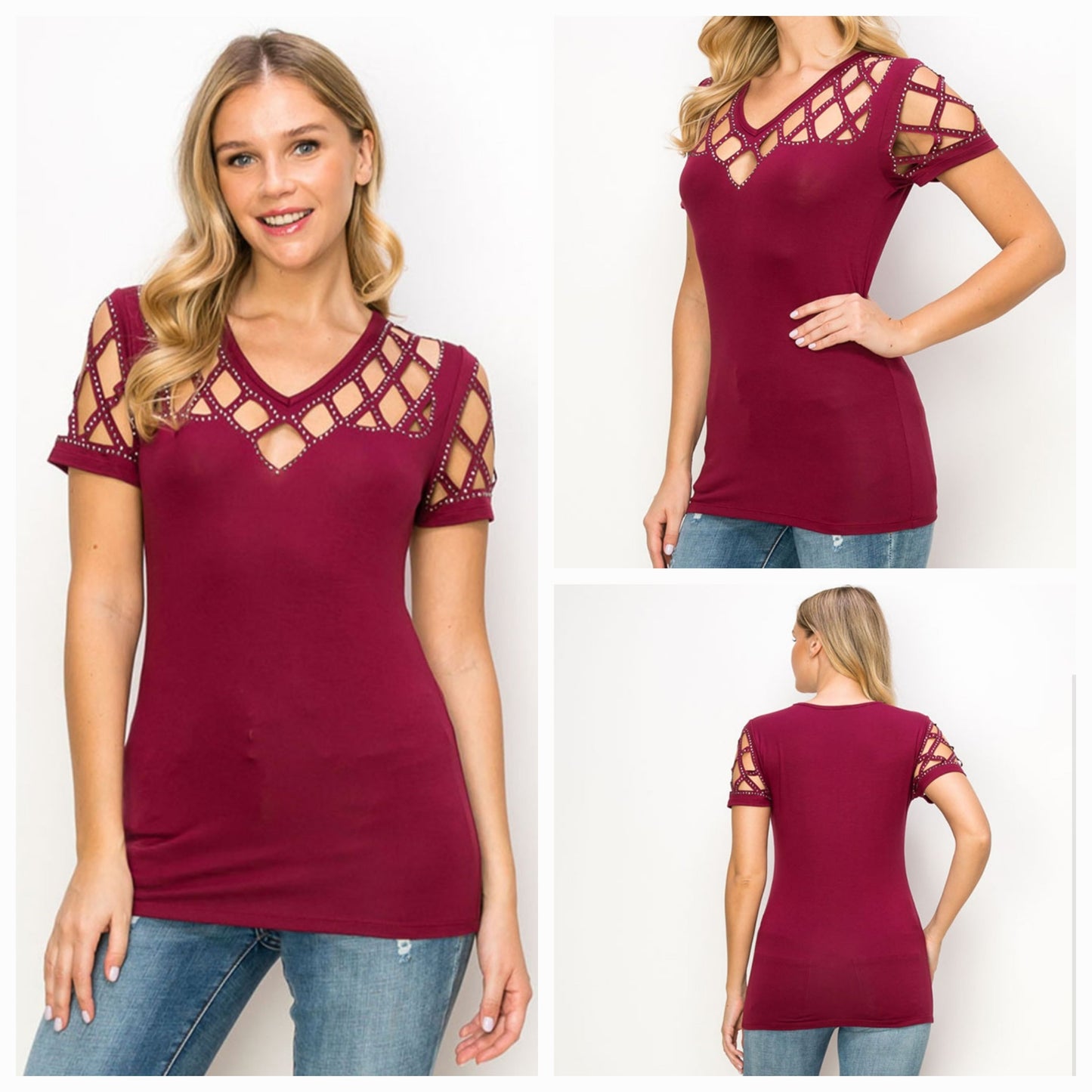 Burgundy Laser Cut Short Sleeve with Rhinestones (sku 18632S-B)