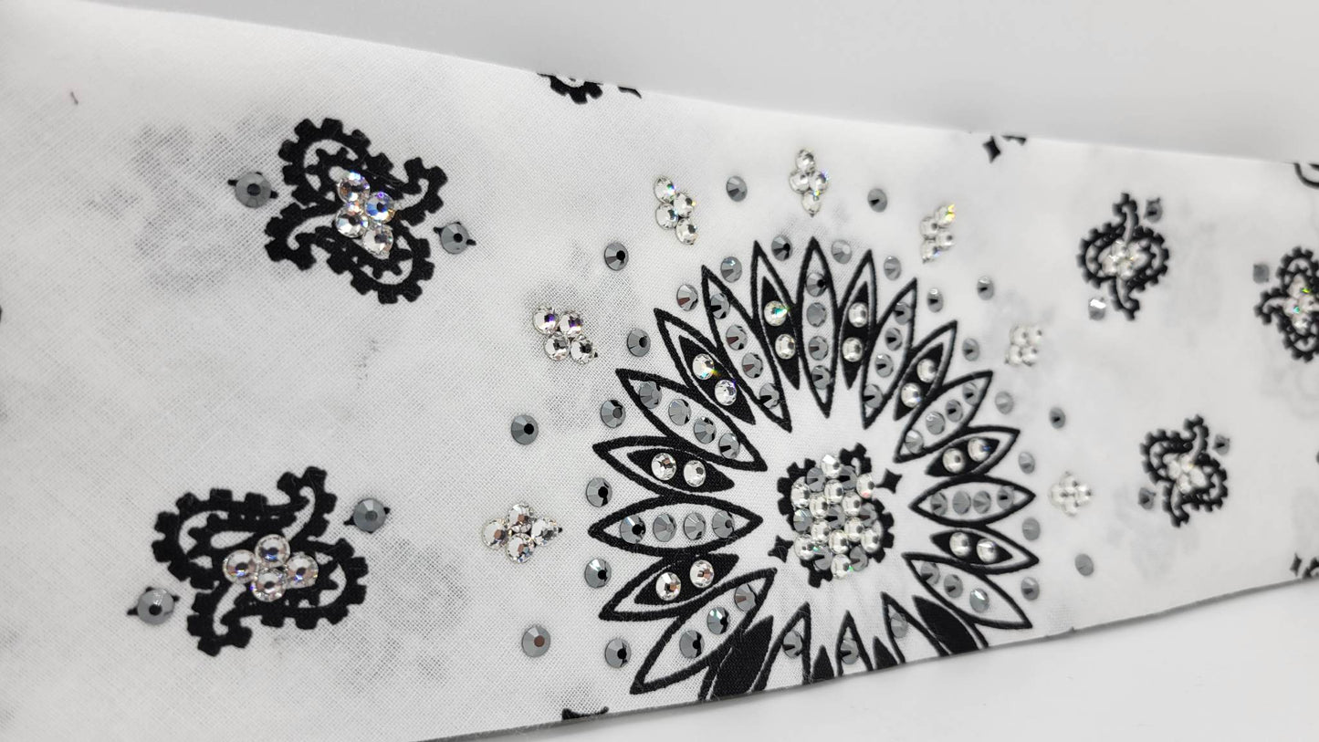 White Paisley Bandana with Black and Diamond Clear Austrian Crystals (Sku2041)