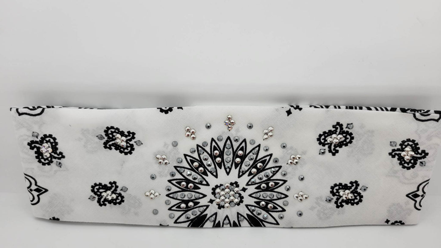 White Paisley Bandana with Black and Diamond Clear Austrian Crystals (Sku2041)