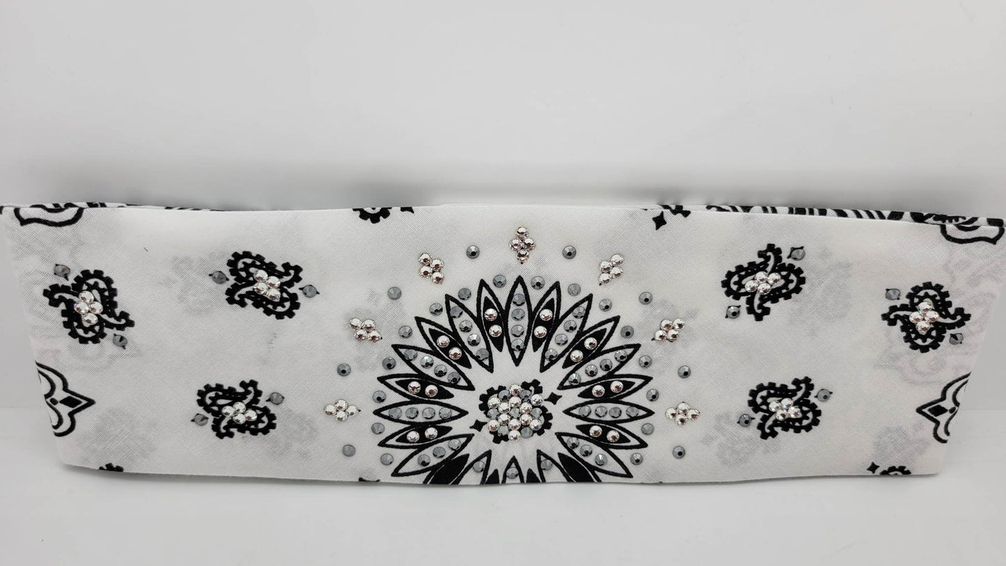 White Paisley Bandana with Black and Diamond Clear Austrian Crystals (Sku2041)