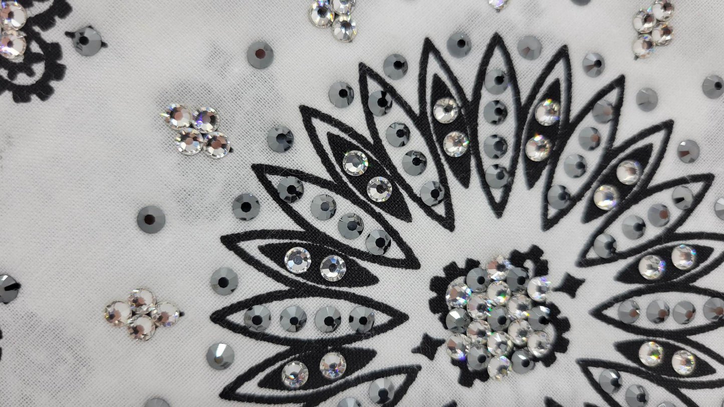 White Paisley Bandana with Black and Diamond Clear Austrian Crystals (Sku2041)