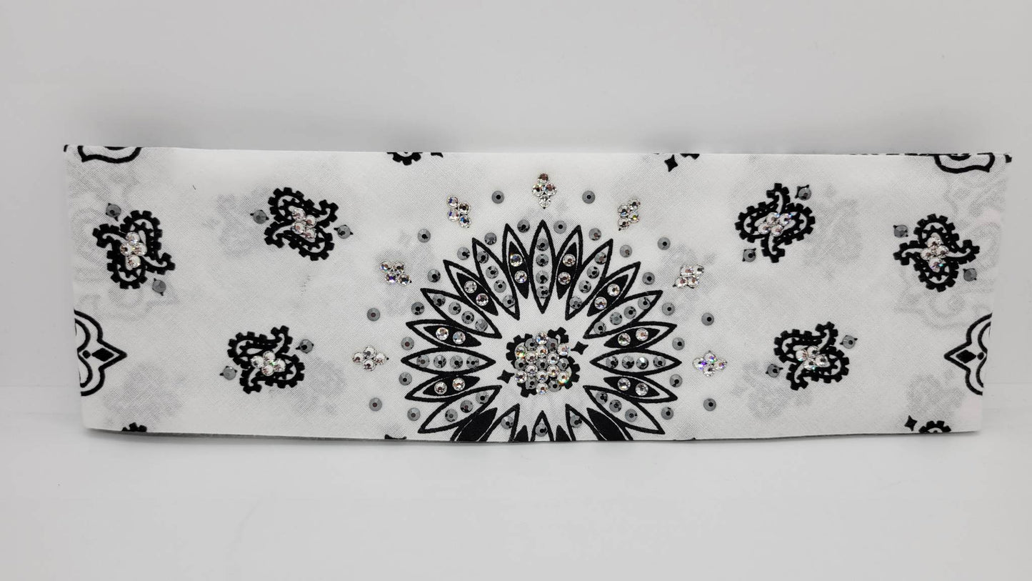 White Paisley Bandana with Black and Diamond Clear Austrian Crystals (Sku2041)