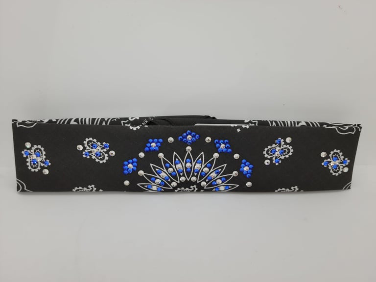 Narrow Black Paisley Bandana with Blue and Diamond Clear Austrian Crystals (Sku2062)