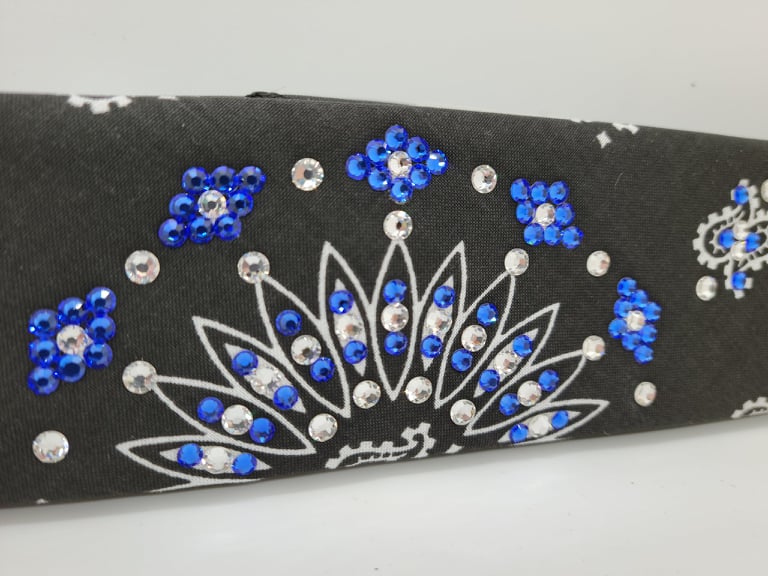Narrow Black Paisley Bandana with Blue and Diamond Clear Austrian Crystals (Sku2062)