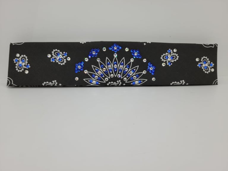Narrow Black Paisley Bandana with Blue and Diamond Clear Austrian Crystals (Sku2062)