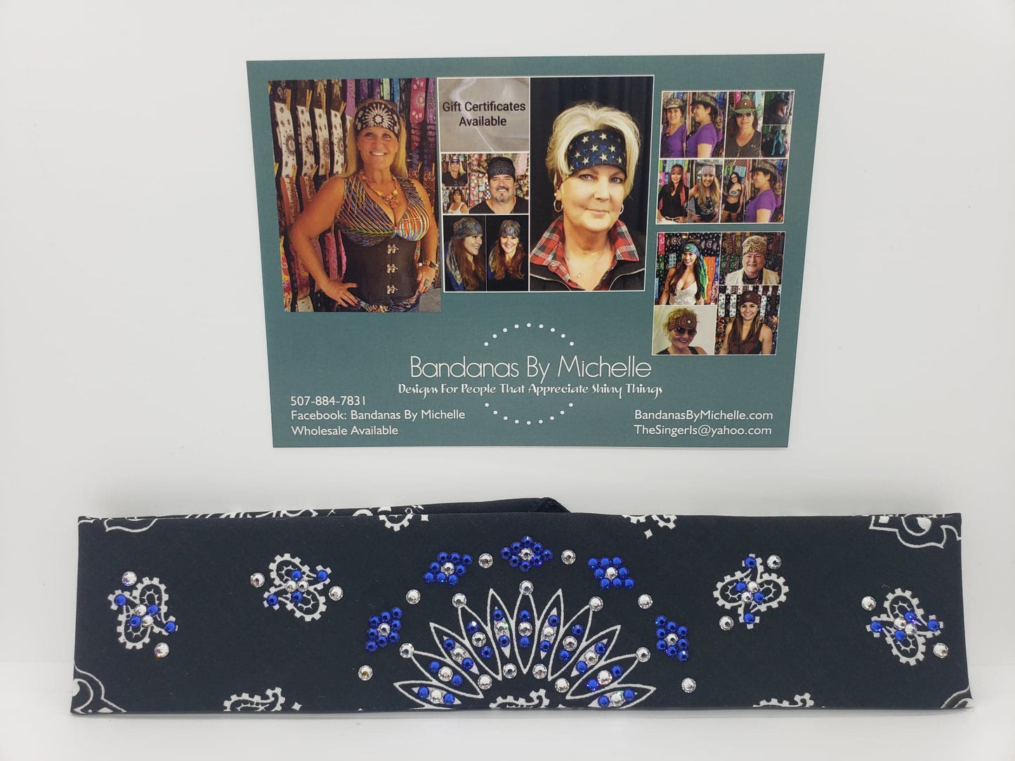 Narrow Black Paisley Bandana with Blue and Diamond Clear Austrian Crystals (Sku2062)