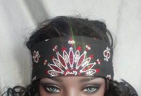 Narrow Black Paisley Bandana with Red and Diamond Clear Austrian Crystals (Sku2064)