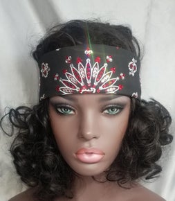 Narrow Black Paisley Bandana with Red and Diamond Clear Austrian Crystals (Sku2064)