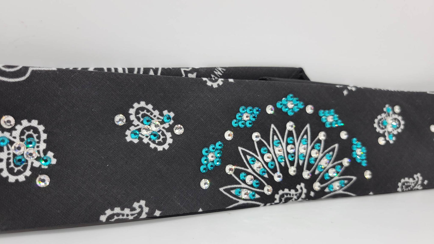 Narrow Black Paisley Bandana with Bright Blue and Diamond Clear Austrian Crystals (Sku2089)